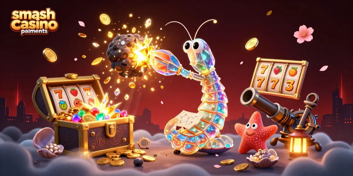 Visualisez les paiements Smash Casino avec des éléments de jeux et des gains scintillants.