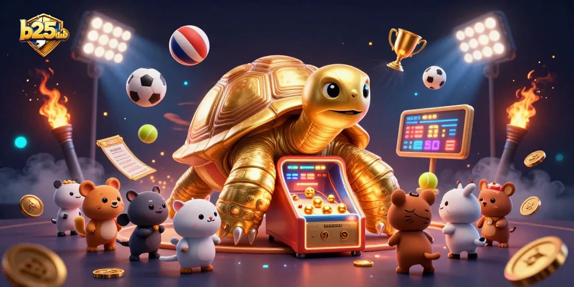 Bets and wins are made at b25club, featuring a vibrant 3D scene of playful animals around a casino-themed tortoise.