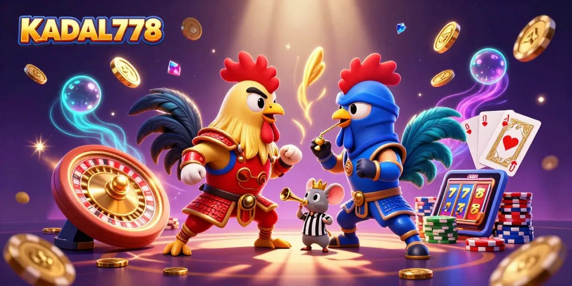 KADAL778 showcases an exhilarating standoff of cartoon roosters amid cascading casino elements.