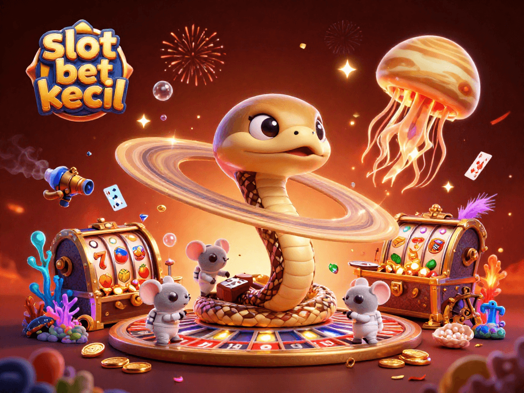 Taruhan slot bet kecil dan simbol menarik dalam ilustrasi kasino digital yang dinamis dan penuh warna.