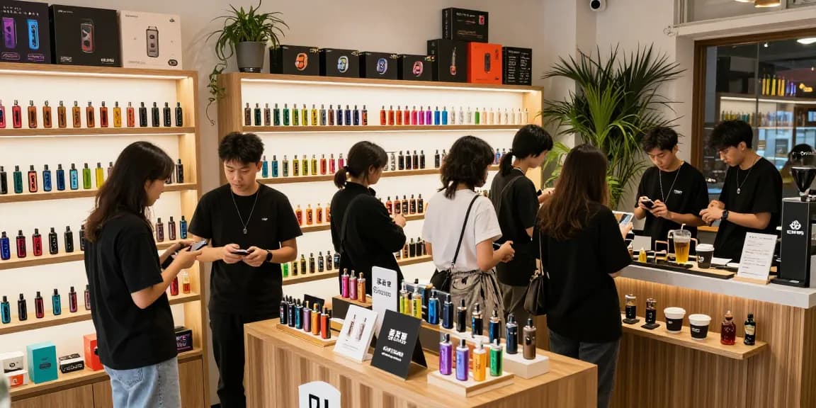 Vibrant urban vape shop scene showcasing 蒸氣天堂 products in a stylish environment, with customers engaged in lively discussions.