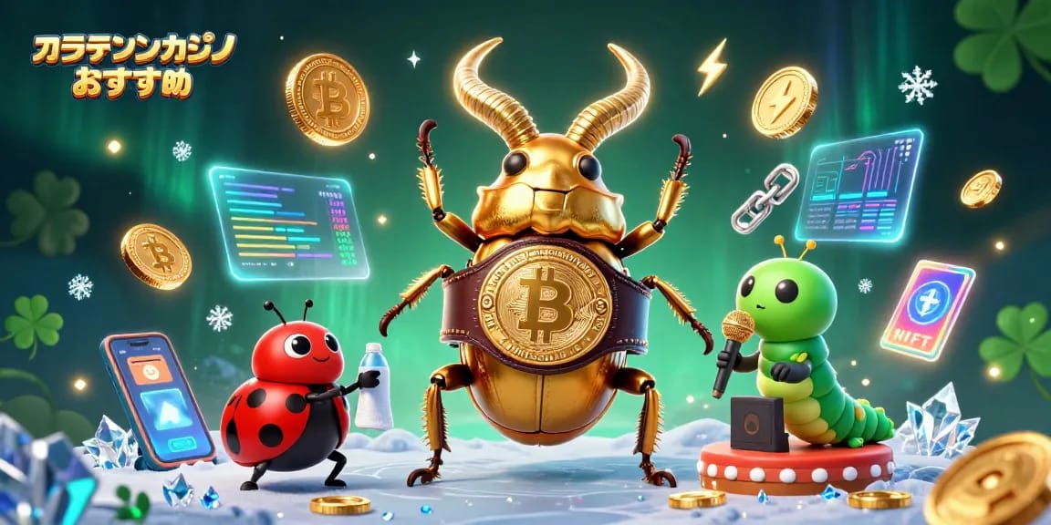 オンラインカジノ おすすめに関するアイキャッチイラストで、ゴールデンステージと暗号通貨の要素が満載です。