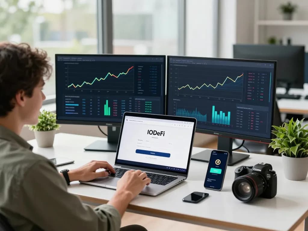Person engaged in the IODeFi sign up process in a modern, tech-oriented workspace.