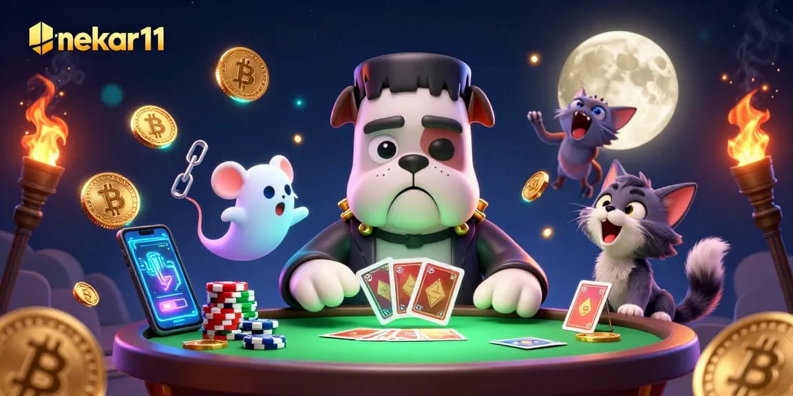 Experience thrilling winnings with mekar11 as a Frankenstein bulldog monster deals cards at a vibrant casino!