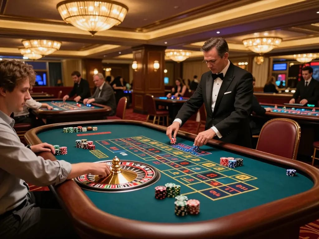 RR88 players betting at a luxury roulette table in an upscale casino.