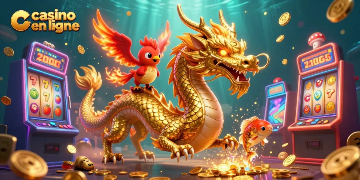 Jouez aux machines à sous dans le casino en ligne avec un dragon doré et un poisson chanceux.
