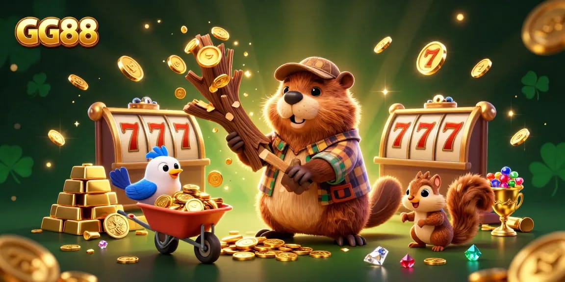 Spin and win at GG88 with a vibrant illustration of a beaver, bird, and squirrel collecting gold.
