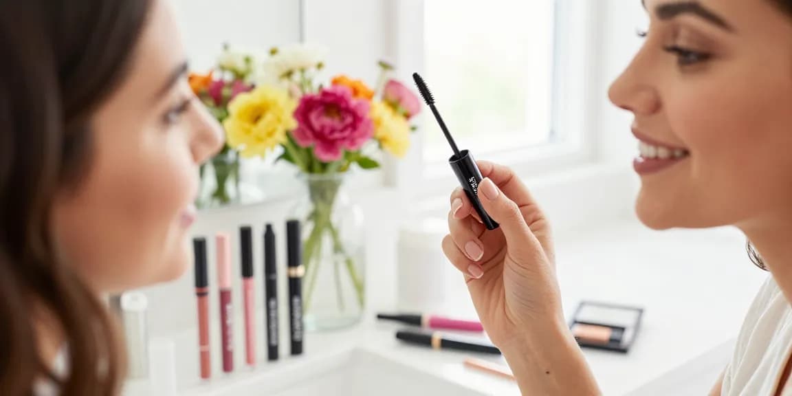 Woman applying makeup with Skone Cosmetics Brow Wand in a bright bathroom.