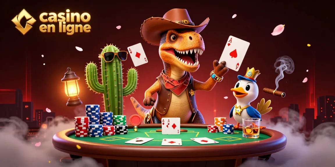 Découvrez l'univers captivant du casino en ligne avec un T-Rex cowboy et ses amis autour d'une table de poker.