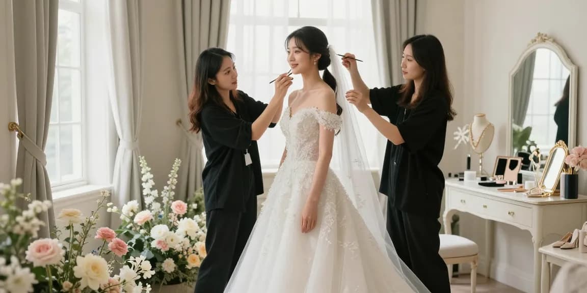 Bridal styling con esperti che aiutano la sposa a prepararsi nel suo splendido allestimento.