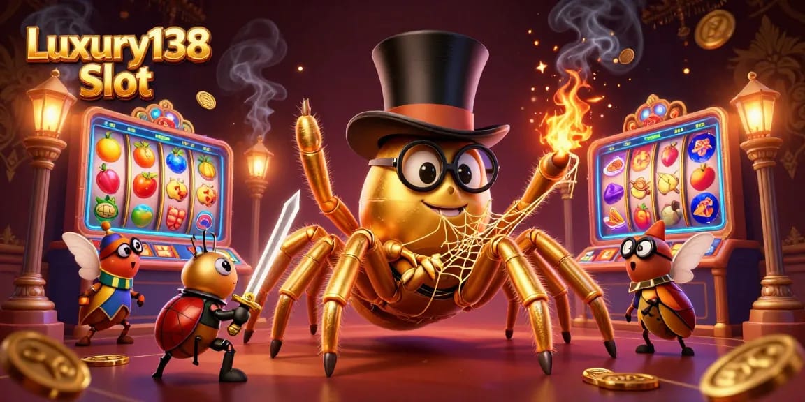 Engage with the exciting Luxury138 Slot as vibrant golden symbols and characters come alive in a dynamic casino scene.