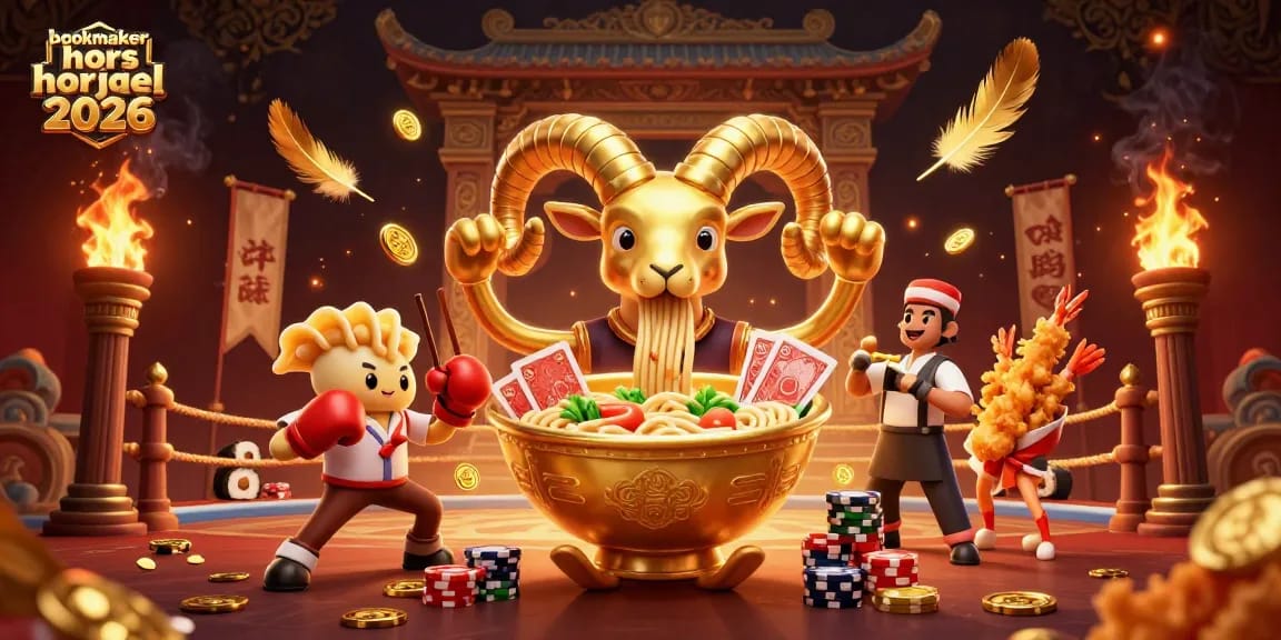 Bookmaker hors ARJEL 2026 : scène dynamique montrant un bol de ramen géant jouant avec des cartes et des jetons.