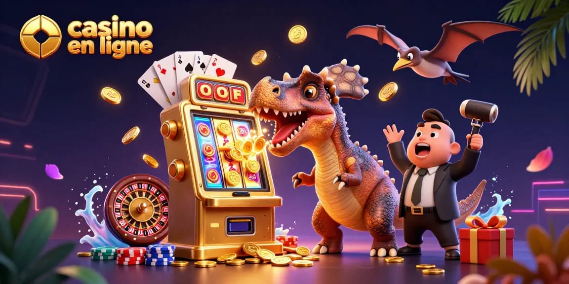La scène dynamique montre un pachycéphalosaur, un ankylosaure et un ptéranodon, incarnant le monde du casino en ligne.