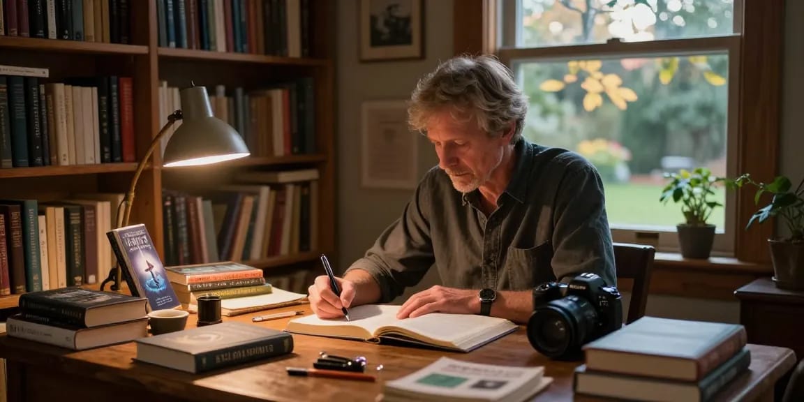 Writer reflecting on spiritual themes at https://tallengreenfield.com, cozy library setting with books on UFOs.