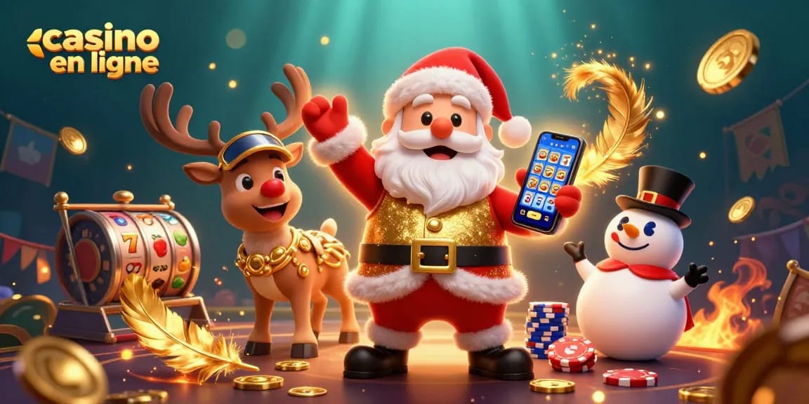 Scènes animées de casino en ligne avec Santa, un renne et un bonhomme de neige, remplis de jetons et de feux d'artifice.