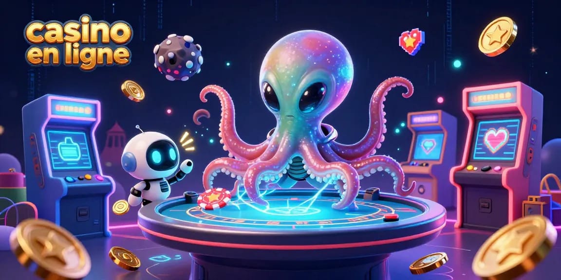 Jouez au casino en ligne avec un octopus extraterrestre et des éléments de jeu lumineux.