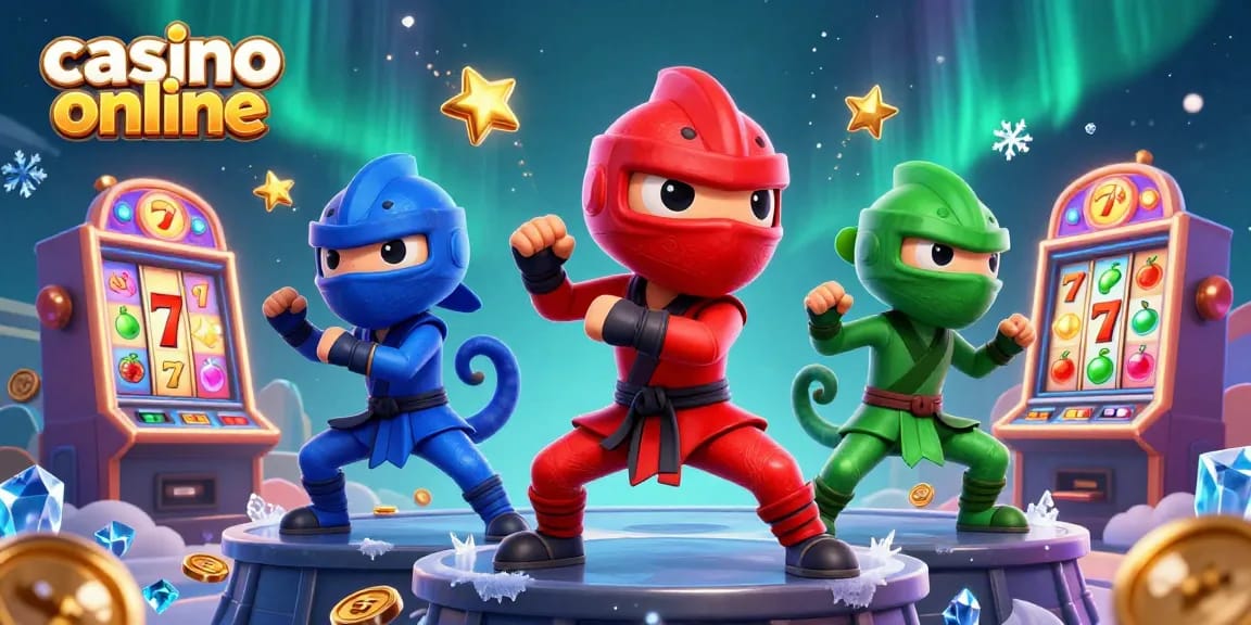 Joacă la casino online cu sloturi captivante și simboluri fructe, înconjurat de ninja colorați.