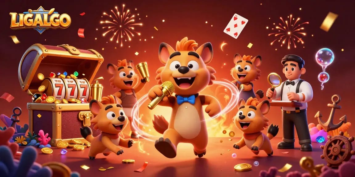 LIGALGO hyenas run a vibrant casino, featuring exciting slot reels and dynamic celebrations.