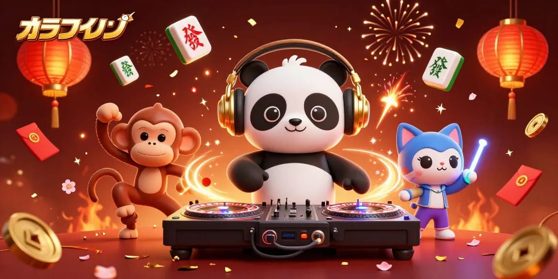 オンラインカジノでDJパンダがルーレットを回して盛り上がる賑やかなシーン