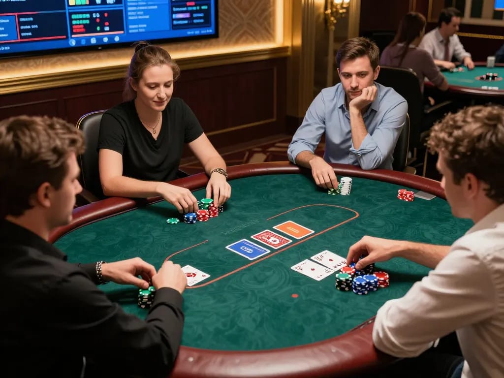Players strategizing in intense gaming moments at ilvidx online poker table.