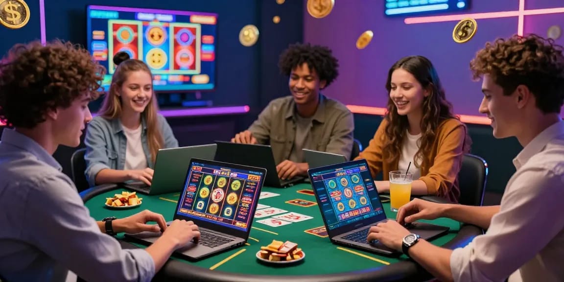 Friends enjoying a lively game night at home with credit card casinos UK, showcasing vibrant online slots on multiple screens.