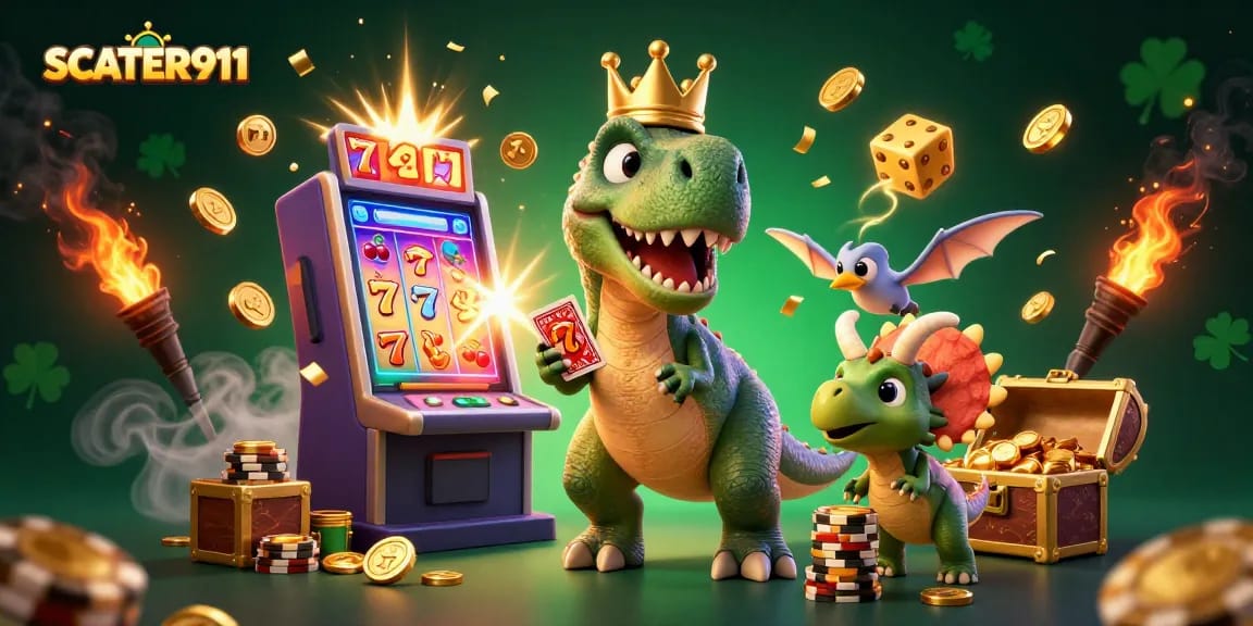 Join SCATTER911's dynamic casino adventure with a T-Rex, pterodactyl, and triceratops.