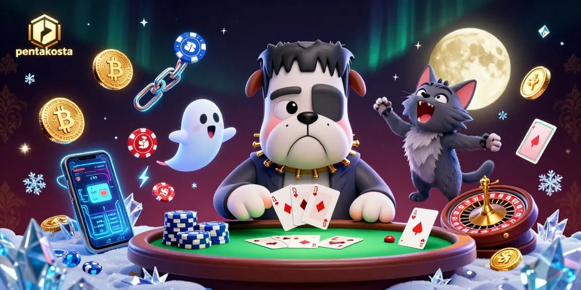 Engage with pentakosta’s thrilling casino scene featuring a cartoon bulldog dealer, poker elements, and crypto coins.