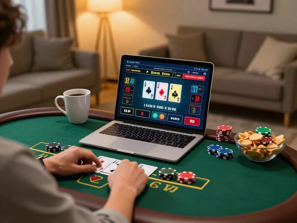 Person enjoying online blackjack at home, showcasing lv88seo's gaming strategies.