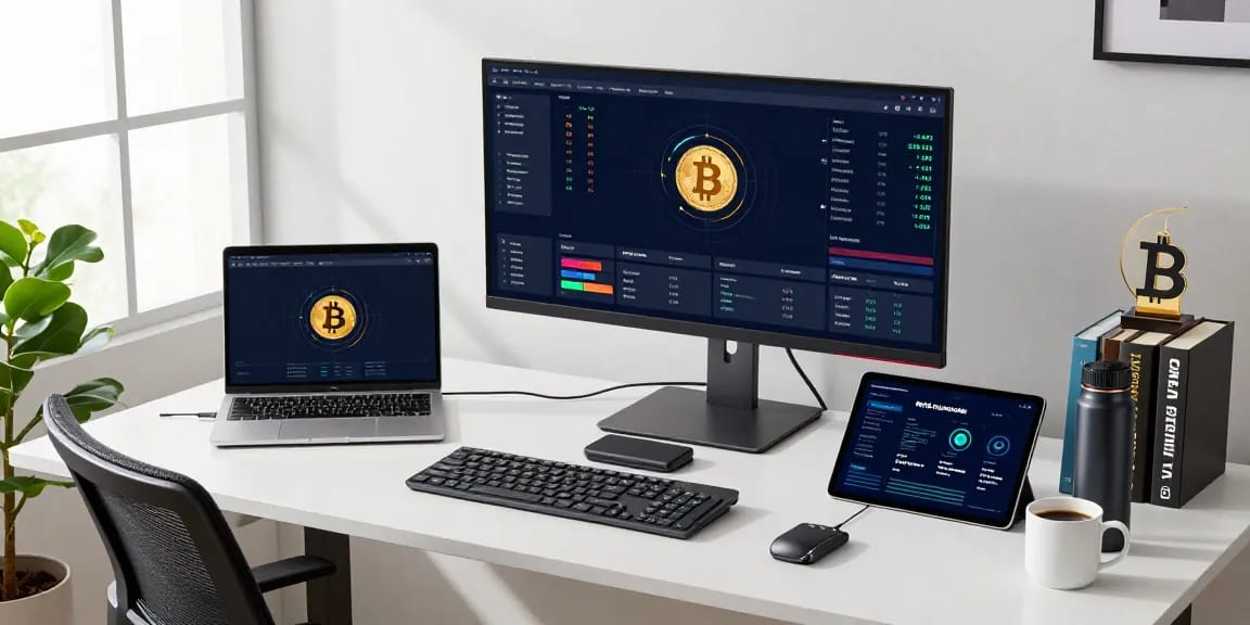 Bitcoin mining service analysis in modern tech workspace with screens showing cryptocurrency data and charts.