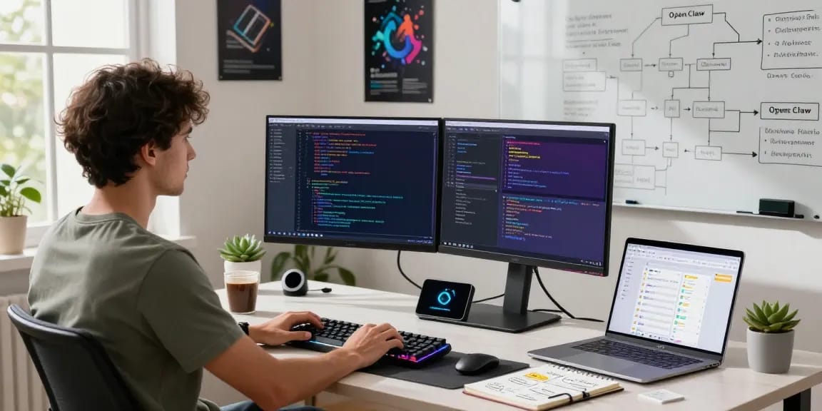 Developer utilizing openclaw skills in a modern workspace with vibrant coding screens and tech tools.