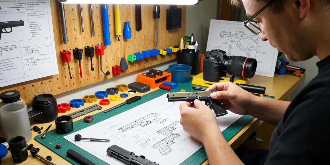 Custom gunsmith working on Glock slides at https://precisionglockslides.com in a bright workshop environment, showcasing precision tools and aftermarket components.