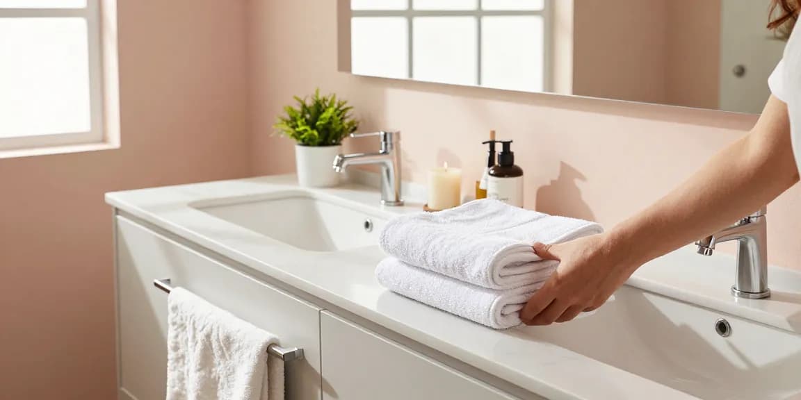 Stylish bathroom vanity with dual sinks and fresh towels, creating an inviting atmosphere.