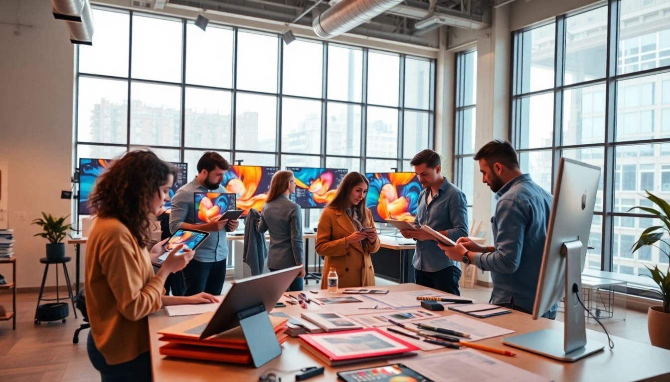 Collaboration among graphic designers at https://bestdesignersintheworld.com/ studio with colorful designs.