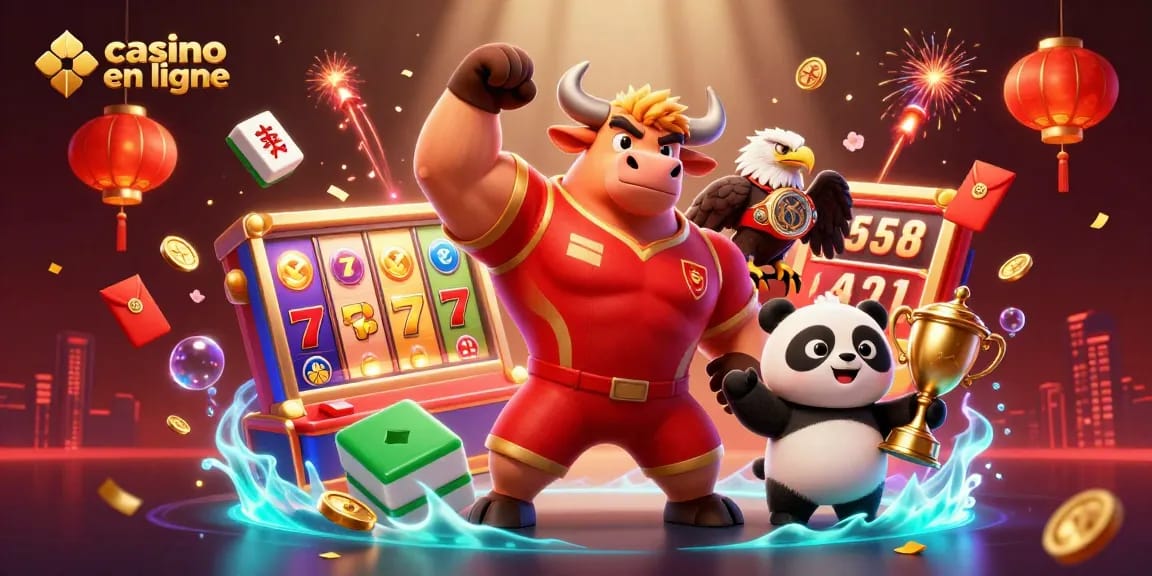 Casino en ligne : un taureau et son équipe célébrant la victoire avec des jackpots et des récompenses.