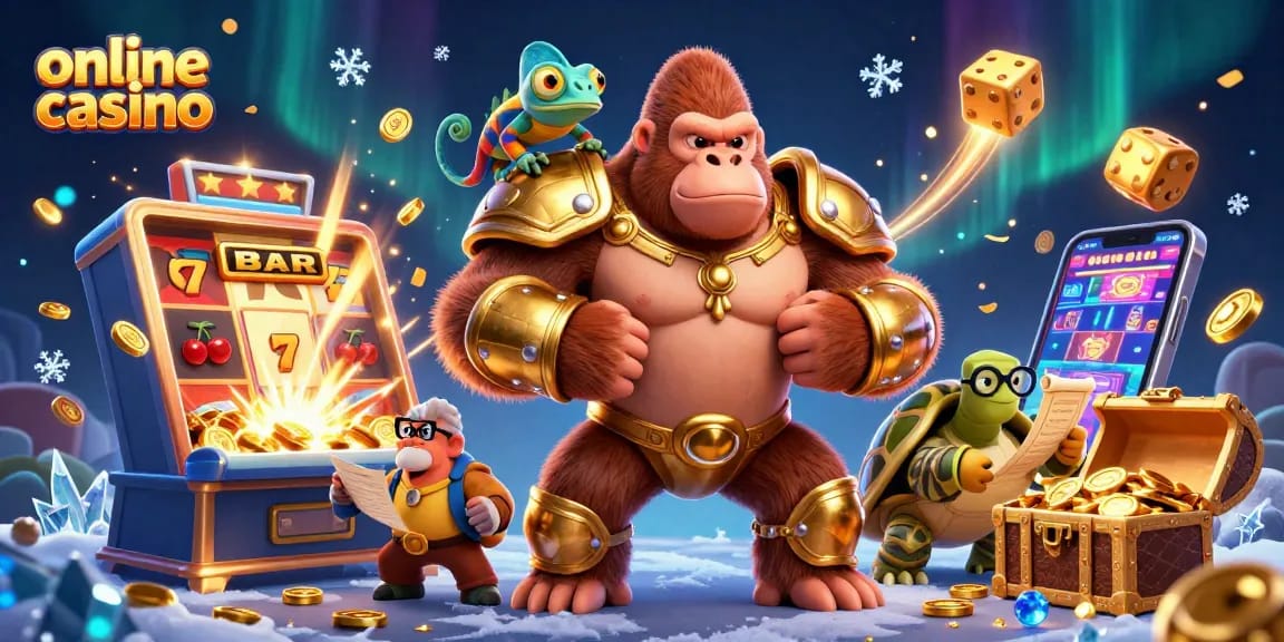 Scopri le emozioni degli online casino con la slot machine e un'illustrazione vibrante di un gorilla re e un camaleonte.