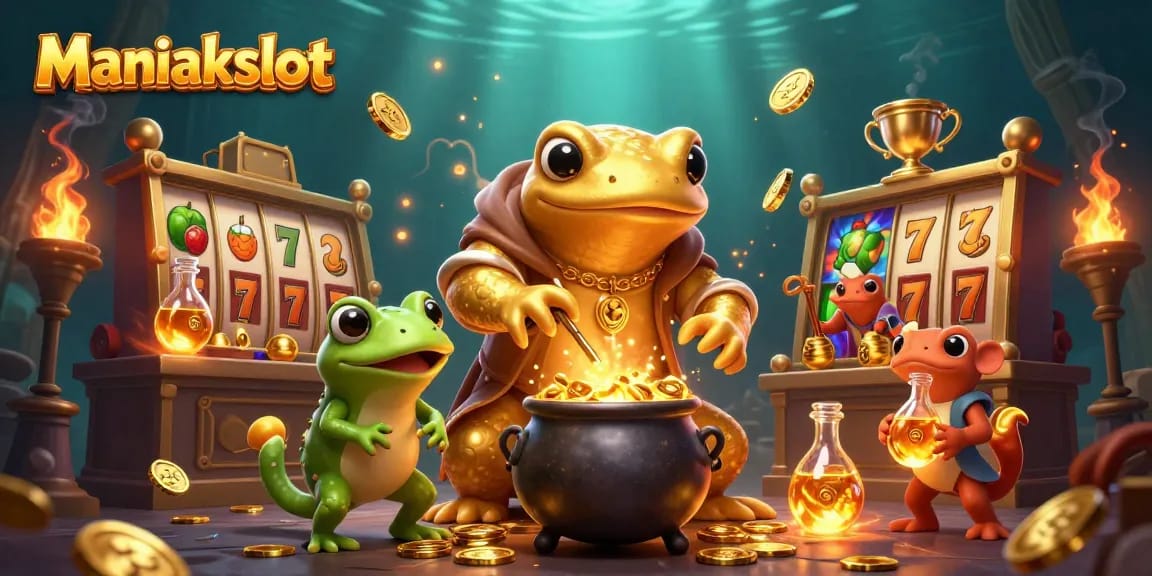 Experience the thrill of Maniakslot with golden elements and dynamic slot reels in an exciting scene.