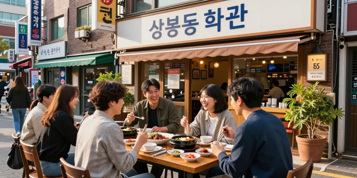 Friends dining at 상봉동 한국관, sharing Korean dishes in a lively urban setting