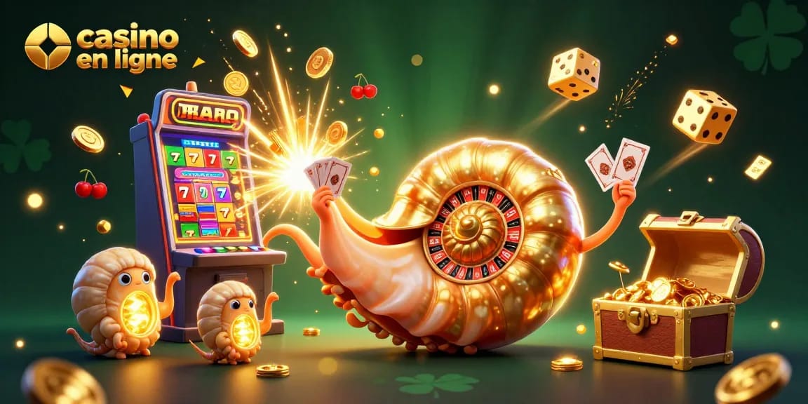 Illustration d'un casino en ligne avec un nautilus géant et une machine à sous explosant de pièces.