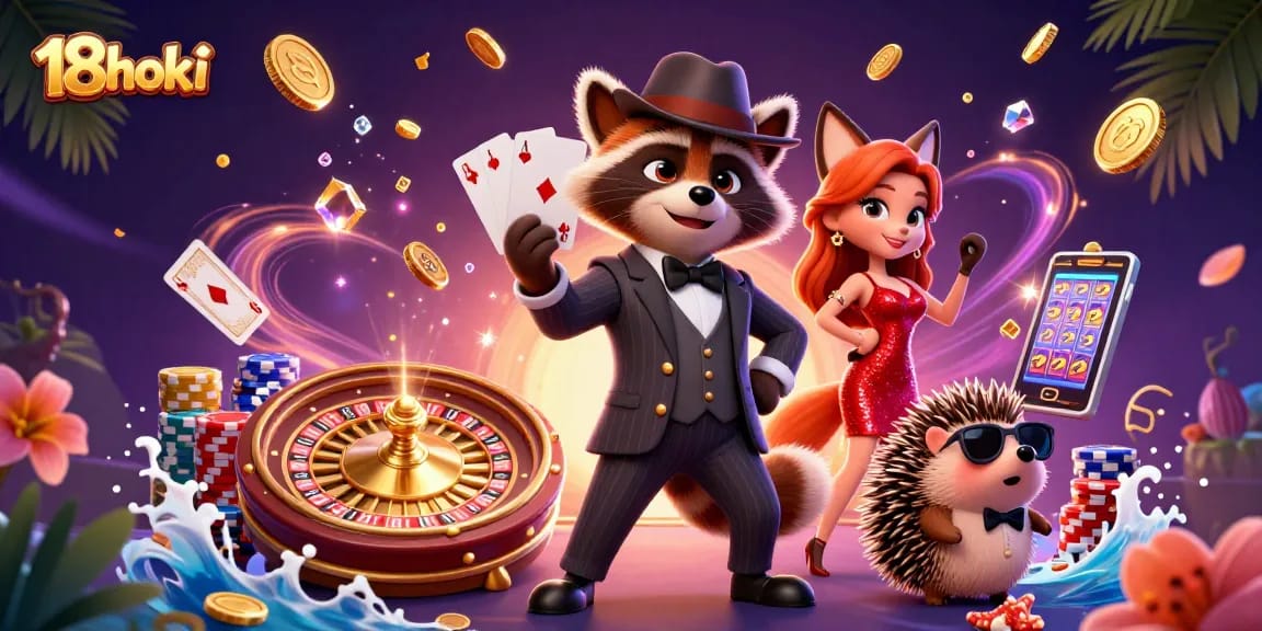 Experience the thrill of 18hoki with a suave raccoon and enchanting characters in a vibrant casino scene.
