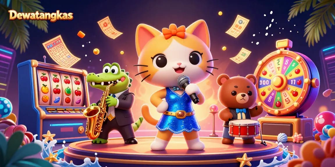 Dewatangkas showcases an immersive cartoon scene with vibrant casino elements and characters celebrating a jackpot.