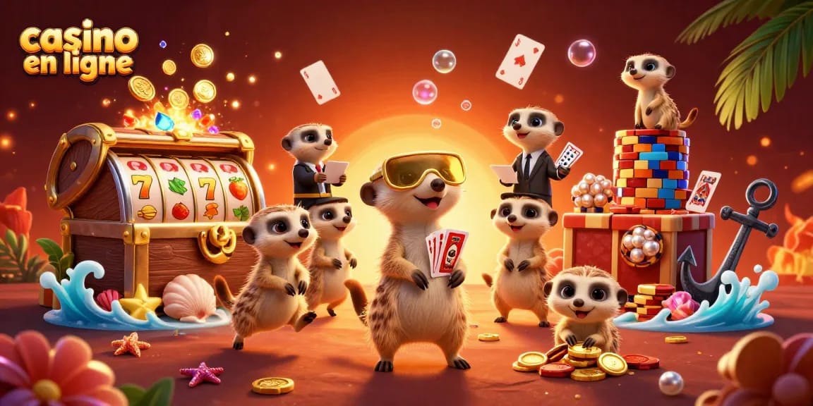 Casino en ligne : accès à l'action avec des meerkats joueurs autour des machines à sous.