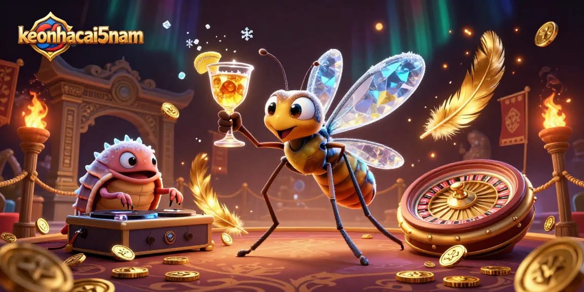 Experience the excitement of keonhacai5nam with vibrant 3D characters and casino elements in a packed scene.
