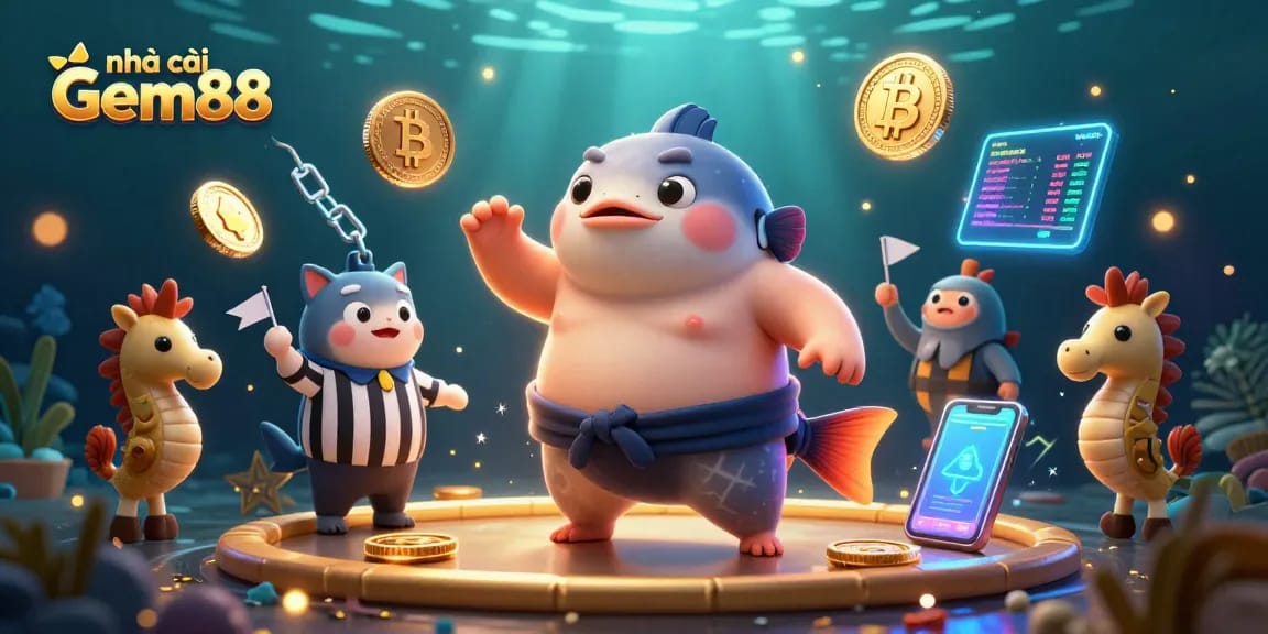 Experience thrilling gaming at nhà cái Gem88 with vibrant underwater casino characters and dynamic crypto elements.