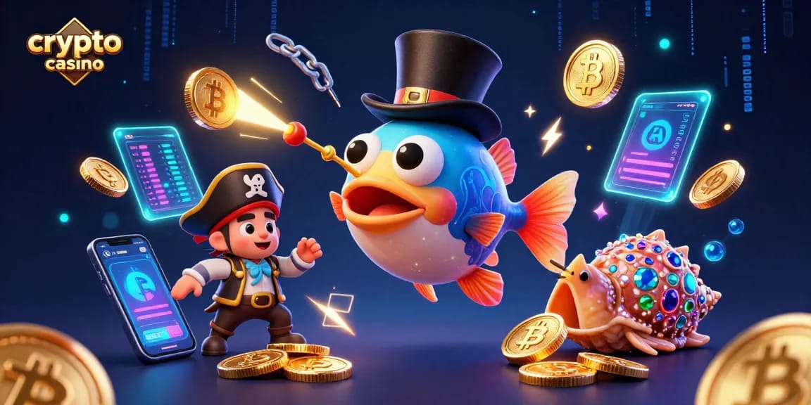 Scopri il crypto casino con l'illustrazione di un pesce lanterna attrattivo e simboli delle criptovalute.