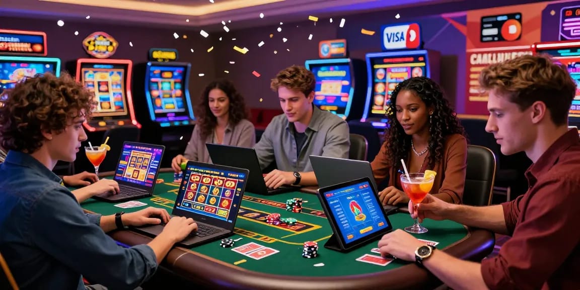 Excited players at online casinos that accept credit cards, enjoying vibrant gaming experience with drinks and casino chips.