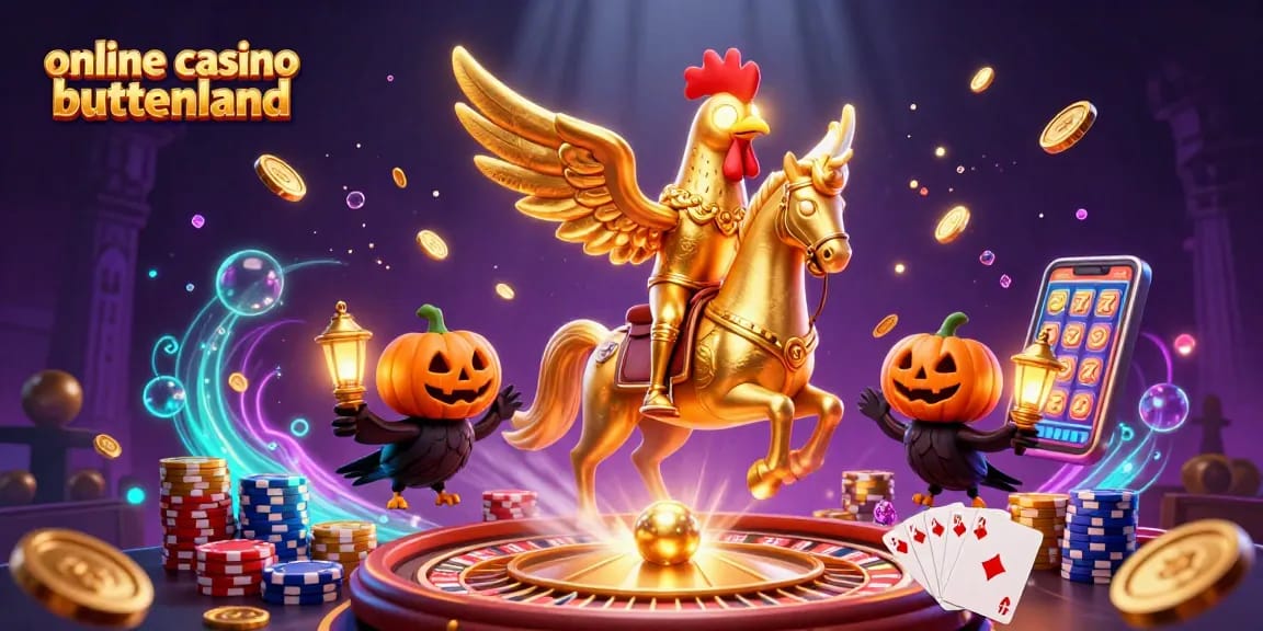 Win big at online casino buitenland with dazzling 3D casino scene featuring a golden rooster and exciting games!