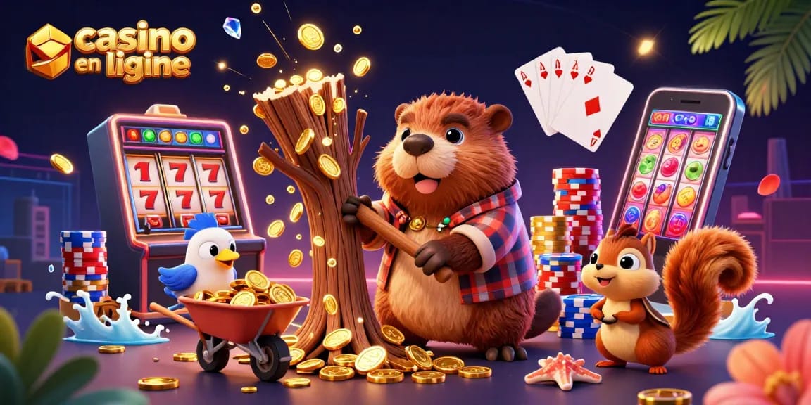 Illustration dynamique représentant le casino en ligne avec un castor, un oiseau et un écureuil entourés de pièces d'or.