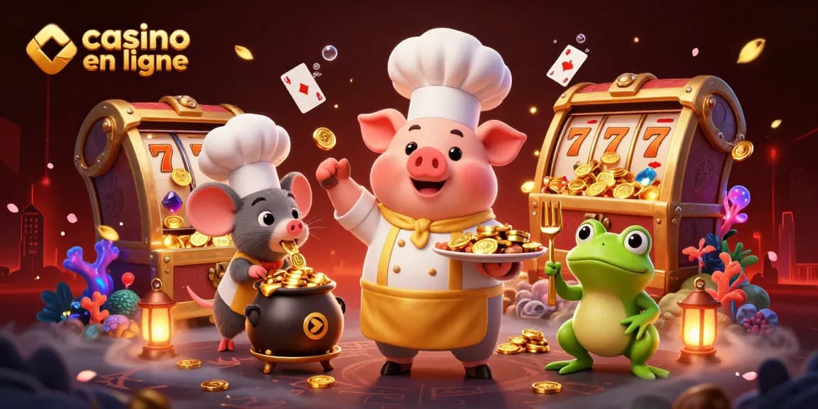 Le chef en ligne casino en ligne sert des pièces d'or, ambiance de jeu avec des cartes flottantes.