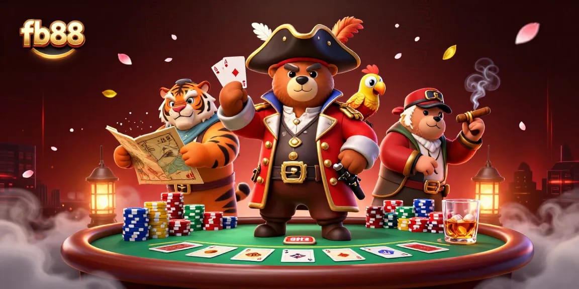 Experience the thrill of fb88 gambling with a vibrant 3D casino scene featuring poker characters.
