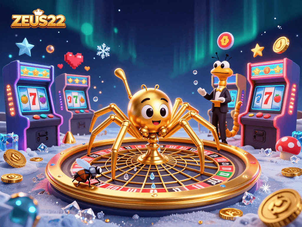 Experience thrilling gameplay with ZEUS222 at a vibrant casino scene featuring a golden spider and colorful slots.
